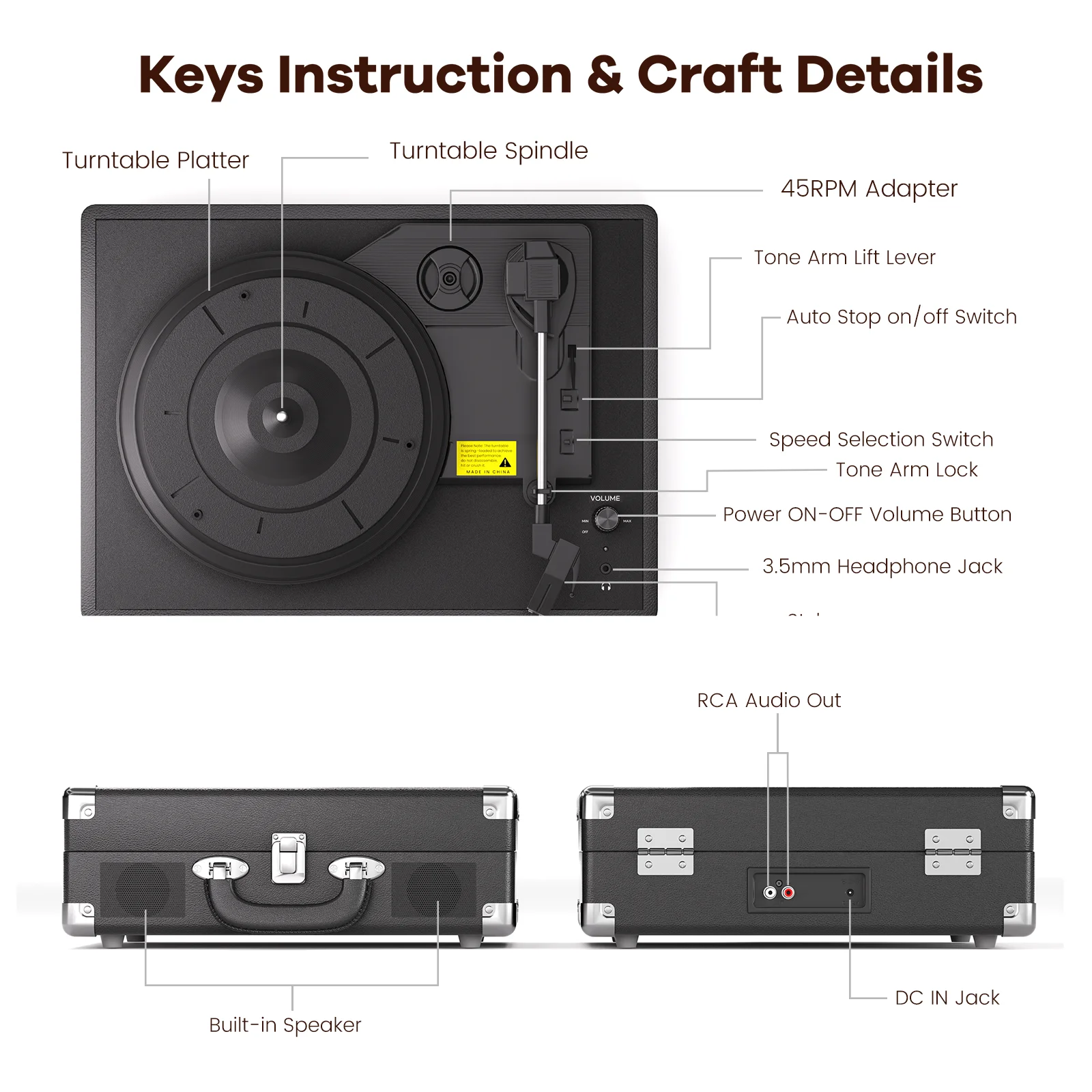 MAIO  Record Player, 3-Speed 33/45/78RPM Vinyl Spinner with 2 Built-in Stereo Speakers, Headphone Jack