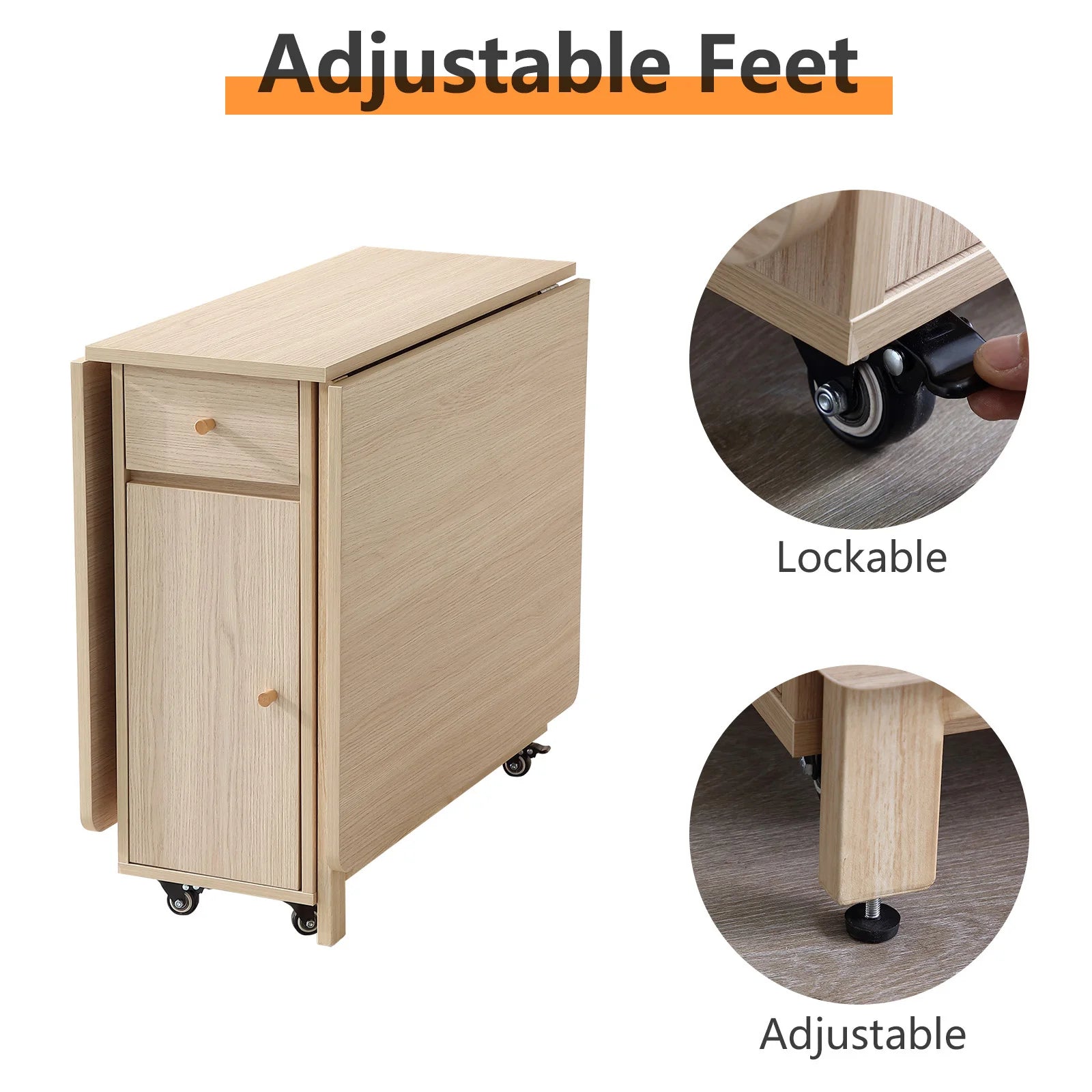 Extendable Drop Leaf Folding Dining Table with 2 Drawers and 4 Wheels and Chairs