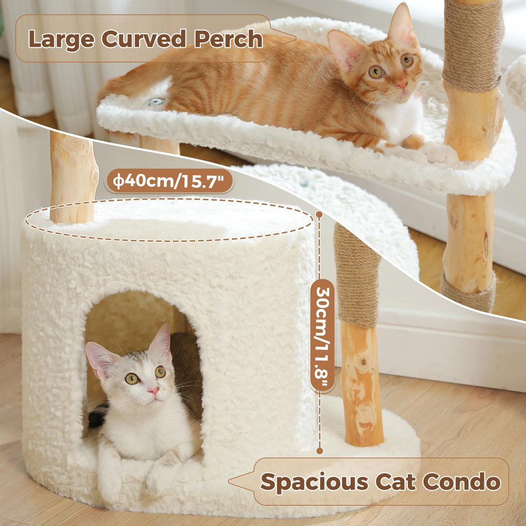 Modern Cat Tree Tower with Natural Solid Wood Scratching Posts Spacious Wicker Basket Luxury Cat Condo Bed