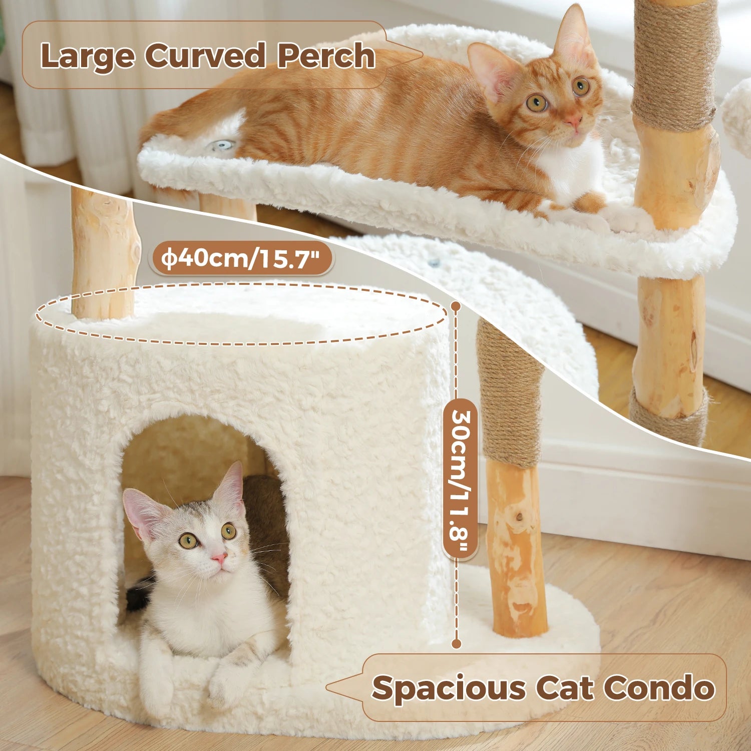 Modern Cat Tree Tower with Natural Solid Wood Scratching Posts Spacious Wicker Basket Luxury Cat Condo Bed