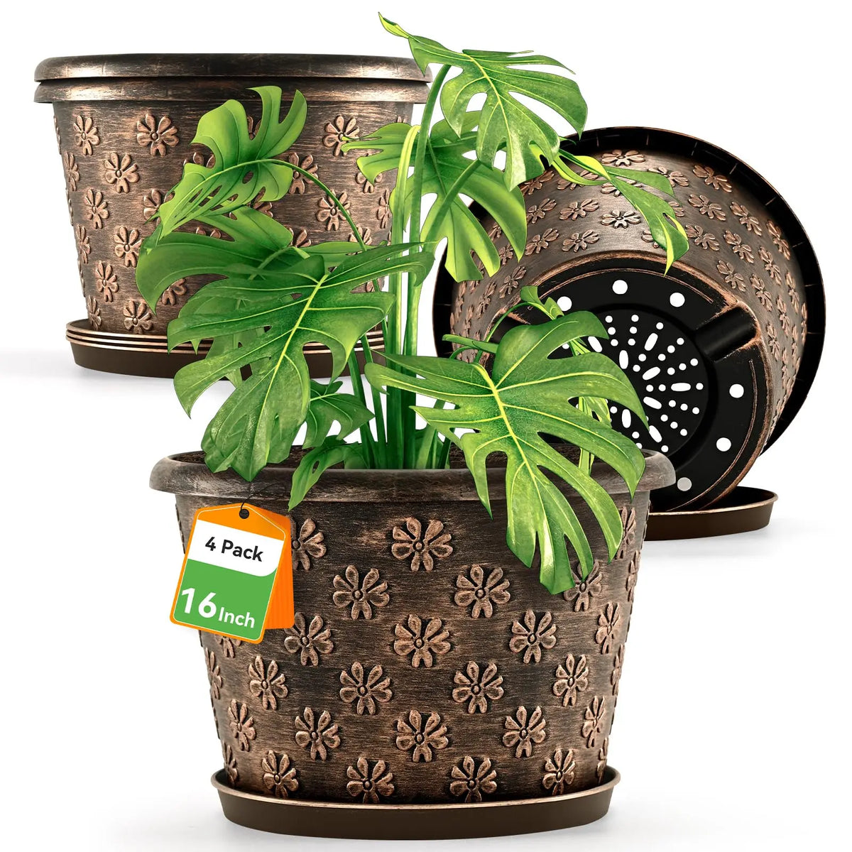 12 & 16 Inch Plastic Flower Pots Indoor Outdoor, 4 Pack Resin Plant Pot with Drainage & Saucer,