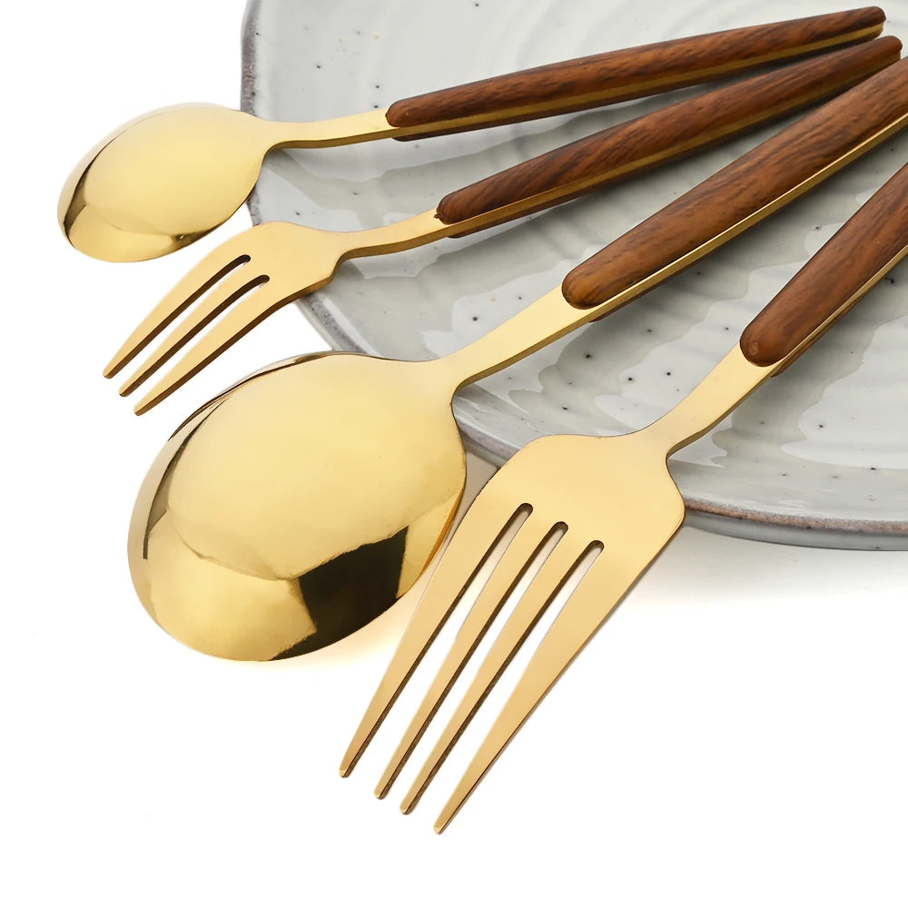 6/30Pcs Imitation Wooden Handle Cutlery Set Knife Cake Fork Coffee Spoons Tableware Stainless Steel Dinnerware Western Flatware
