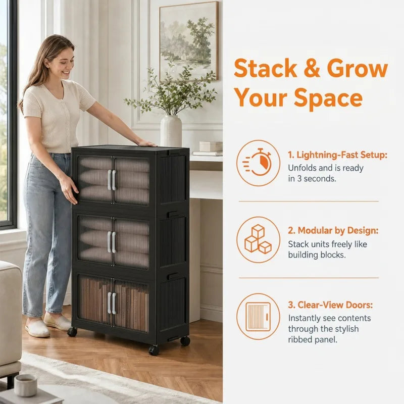 Foldable Storage Cabinets with Wheels, Stackable Plastic Storage Organizers with Transparent Flap Doors,