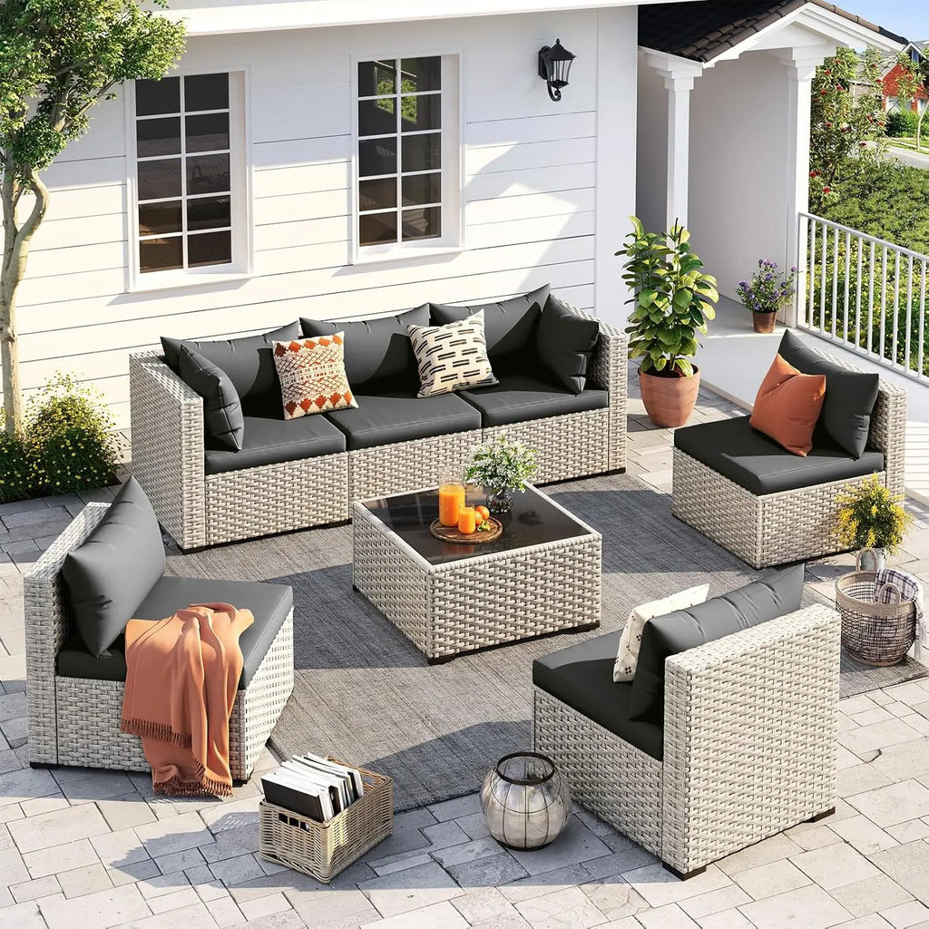 Outdoor Patio Furniture Set, 7 Pcs PE Wicker Sectional Sofa with Tea Table,