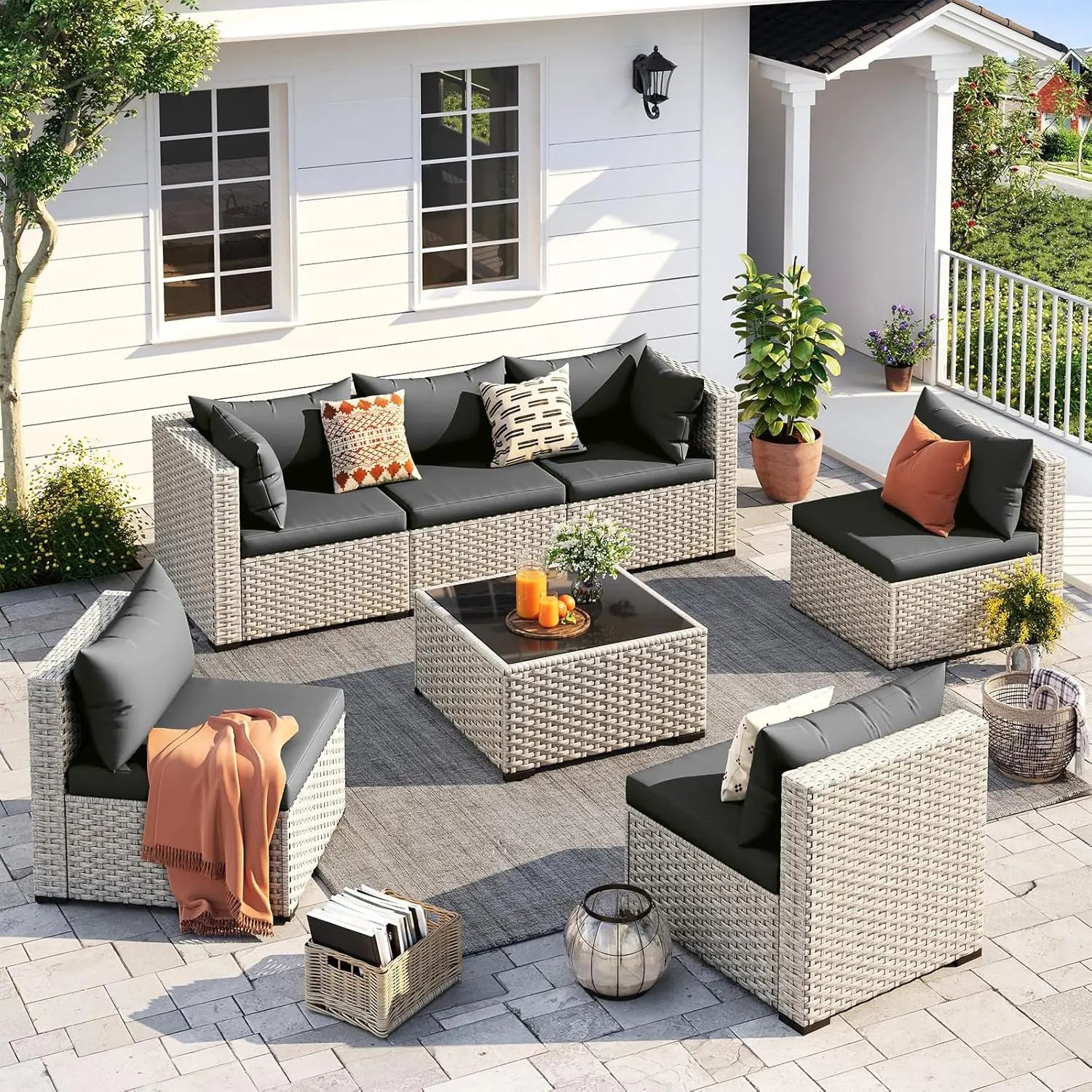 Outdoor Patio Furniture Set, 7 Pcs PE Wicker Sectional Sofa with Tea Table,