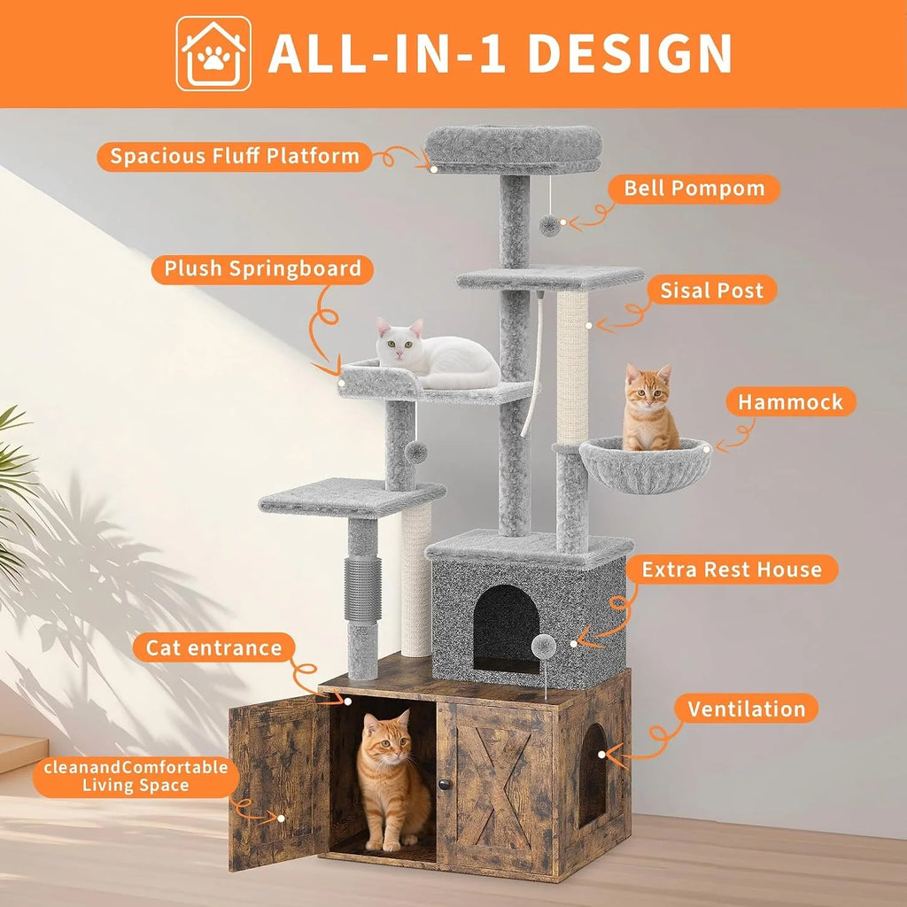 3-in-1 Modern Cat Tree with Hidden Litter Box Enclosure, Cat Condo Furniture with Scratching Post, Hammock & Platforms,