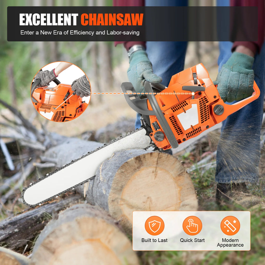 Gas Chainsaw, 71.8CC 3.9KW 2800RPM 24in Alloy Guide Bar Manganese Steel Quenched Chain Petrol Logging Saw