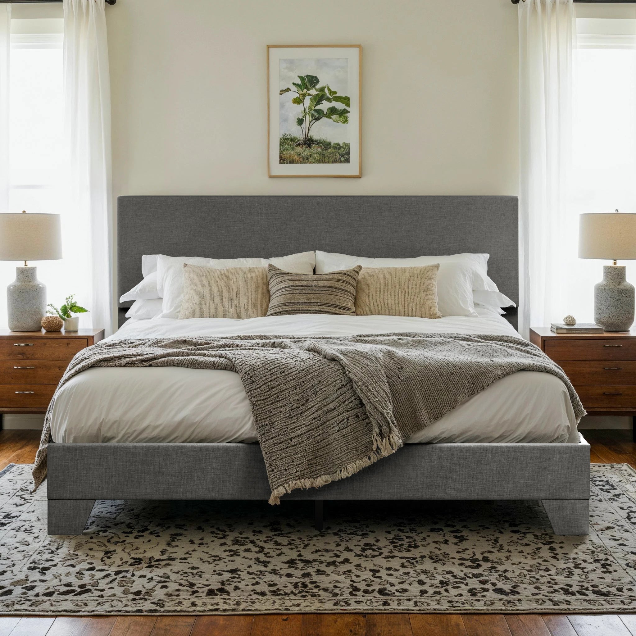 HOOMIC Upholstered Bed Frame with Adjustable Headboard, Soft Linen Fabric, Strong Supporting Structure,