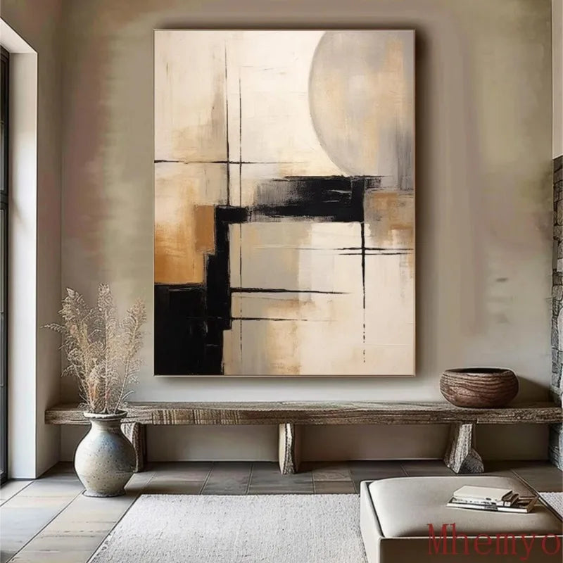 Mhemyo Black & Beige Abstract Canvas Art Decor, Textured Wabi-Sabi Style, Frameless, Modern Home Aesthetics, Textured Canvas Art