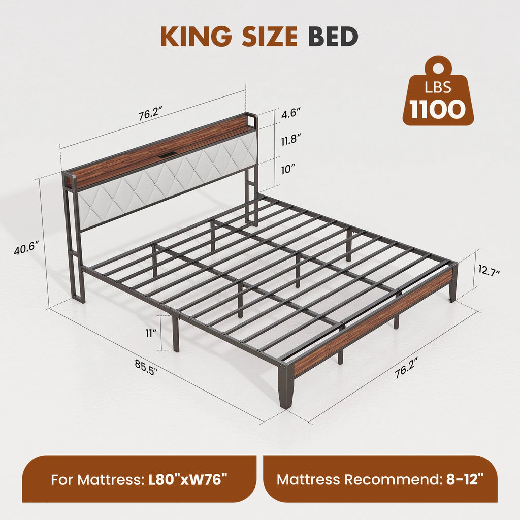 JHK Soft Pack Heavy Duty Metal Bed Frame with Headboard Charging Station, 1100lbs Capacity