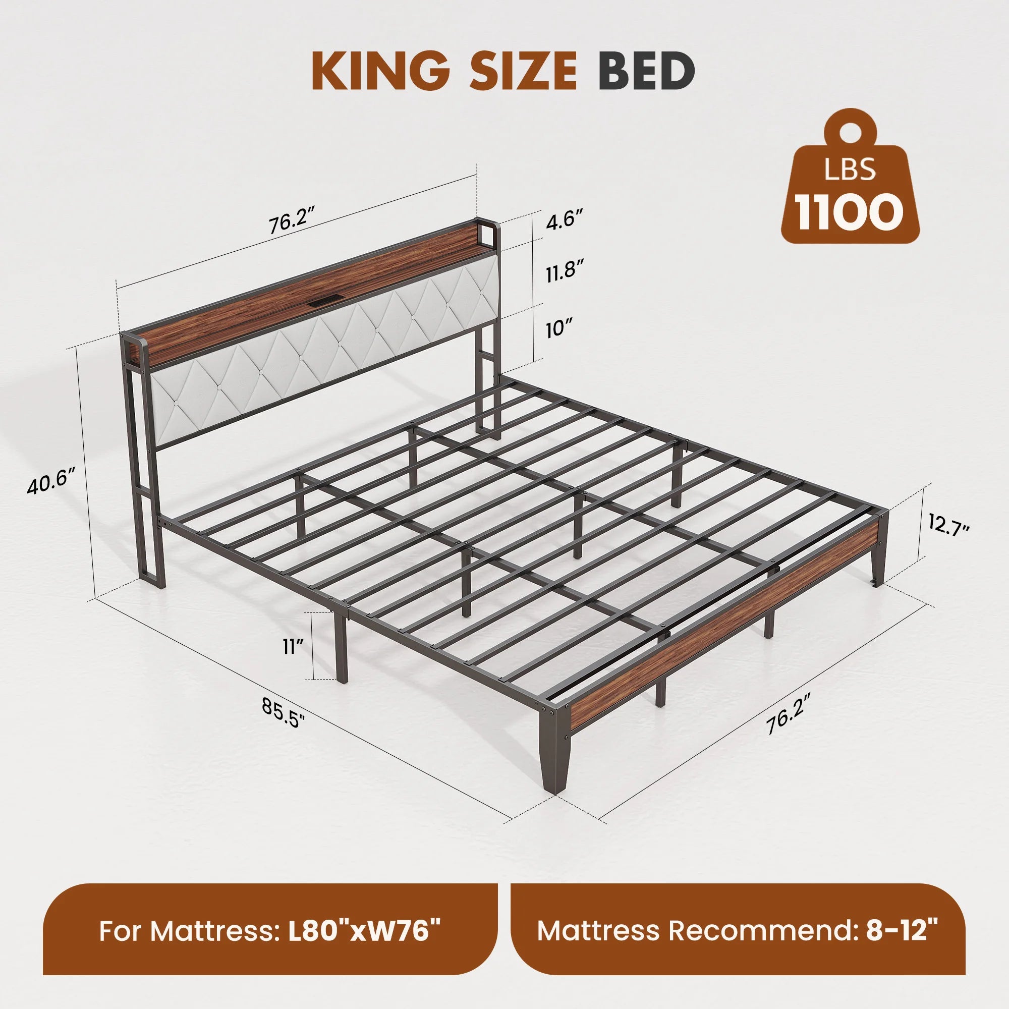 JHK Soft Pack Heavy Duty Metal Bed Frame with Headboard Charging Station, 1100lbs Capacity