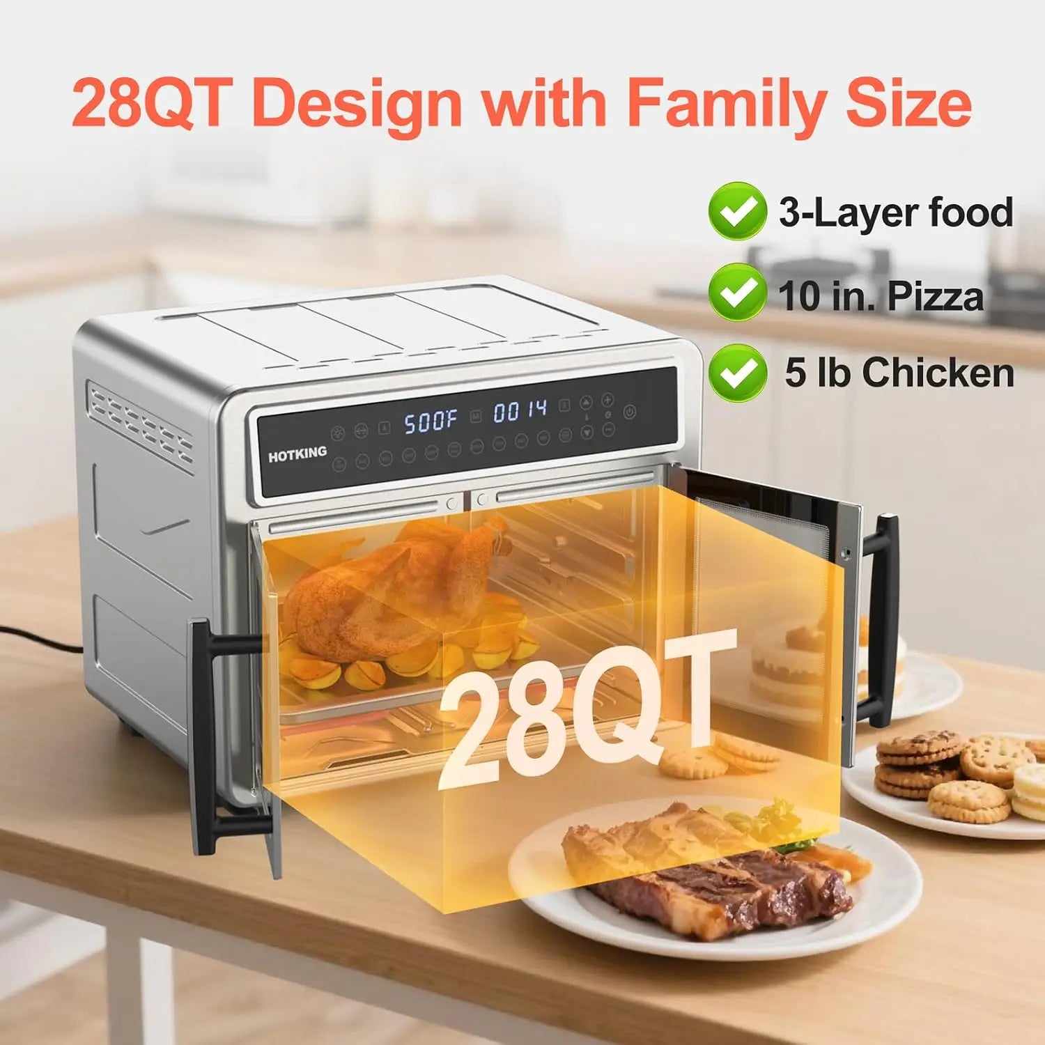 Dual-Zone Air Fryer Toaster Oven Combo, 28 QT Extra Large, Non Toxic Stainless Steel Convection Oven with French Door