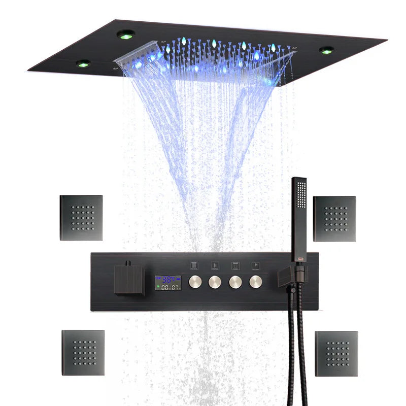 Concealed Brass Shower, LED Thermostatic digital display, showerheads set into the Wall, concealed showerhead in ceiling