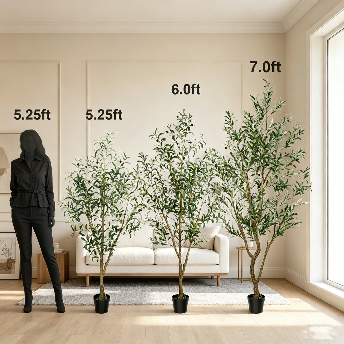 Artificial Indoor Olive Trees, 5.25/6.10/7.10FT Tall Faux Olive Tree with Black Pot,