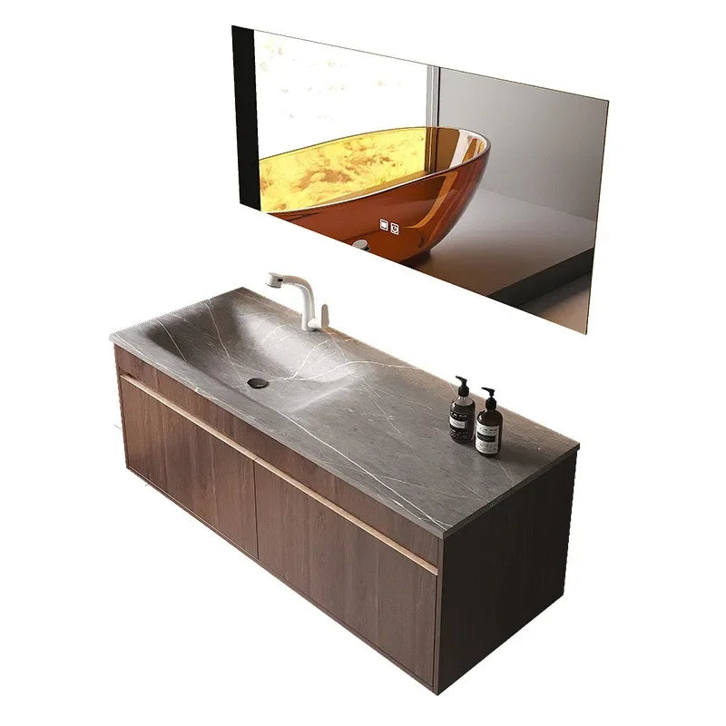 Light Luxury Vanity, Modern Solid Wood Bathroom Sink Cabinet, Rock Slab Integrated Washbasin