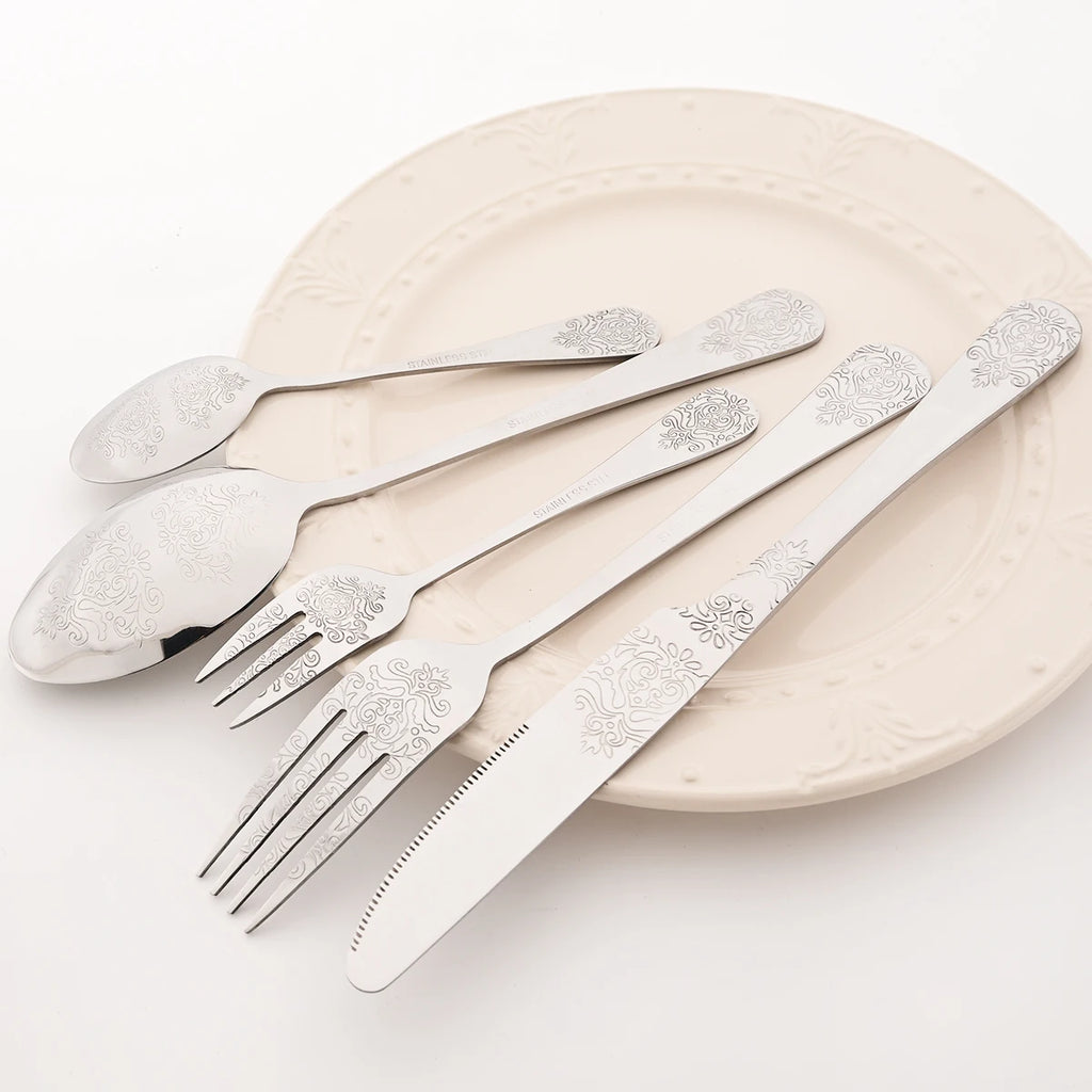 20pcs Silver Dinnerware Set Creative Carving Knife Fork Spoon Cutlery Mirror Stainless Steel Retro Flatware Kitchen Tableware