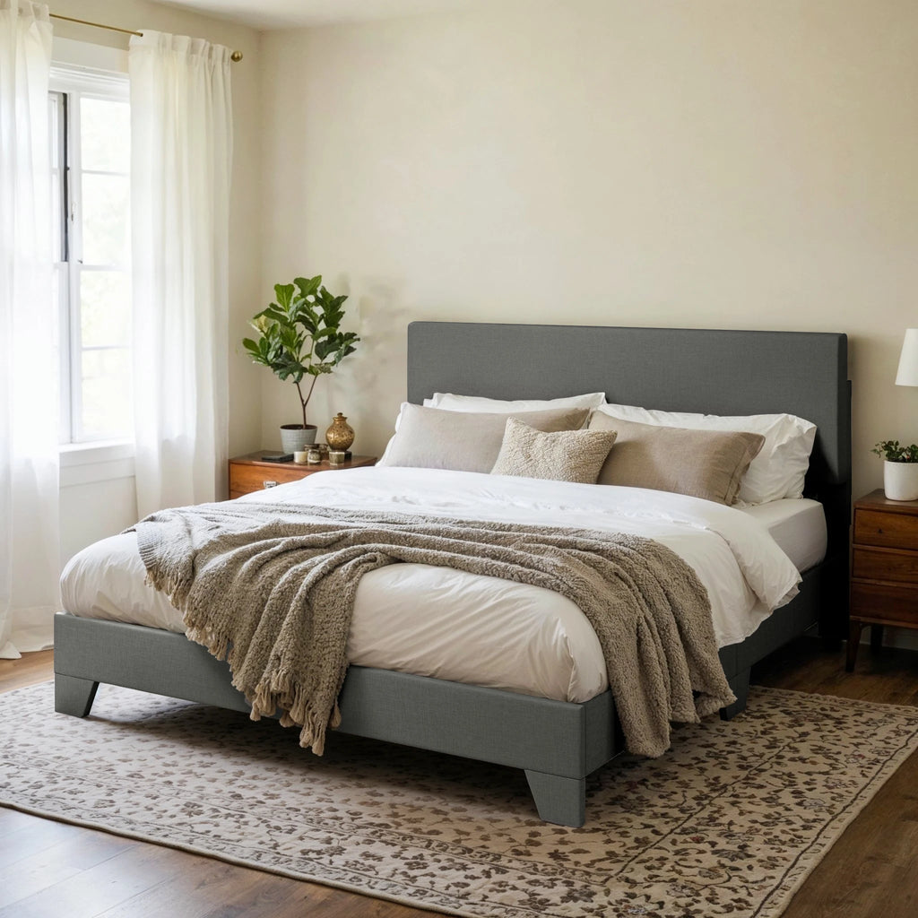 HOOMIC Upholstered Bed Frame with Adjustable Headboard, Soft Linen Fabric, Strong Supporting Structure,