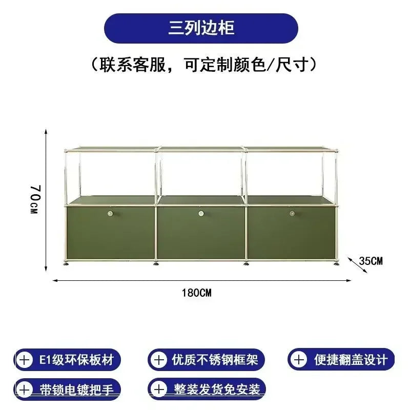 Olive Green Sideboard Storage Cabinets, Modular Combination Metal Frame for Living Room, Office