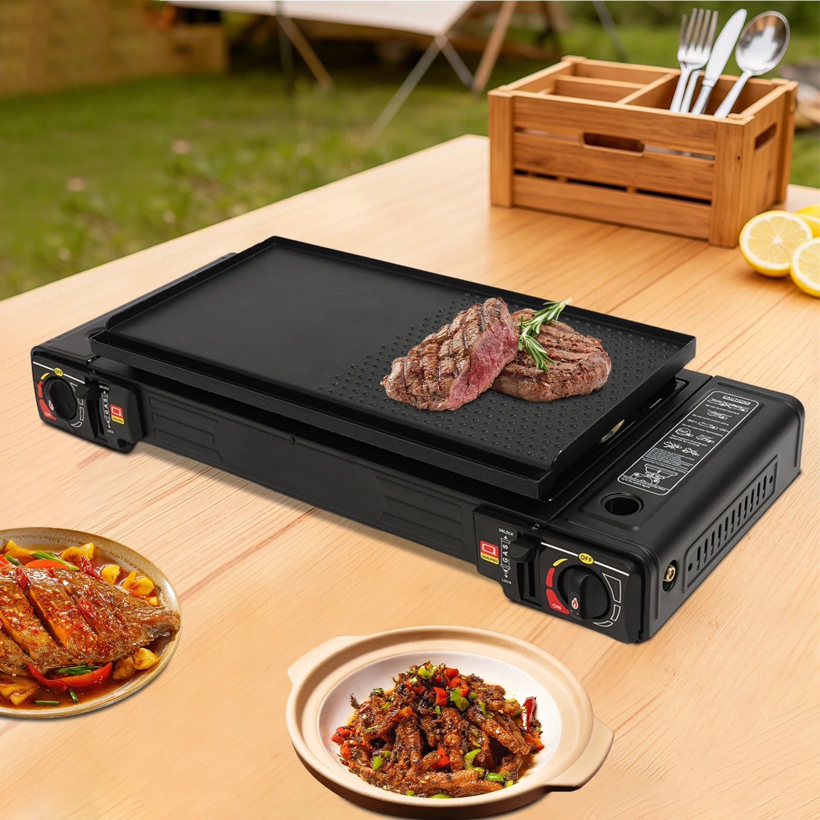 2 Burners Portable Camping Stove, 2.5KW Auto Ignition Butane/LPG Gas Stove w/Baking Tray + Carrying Case