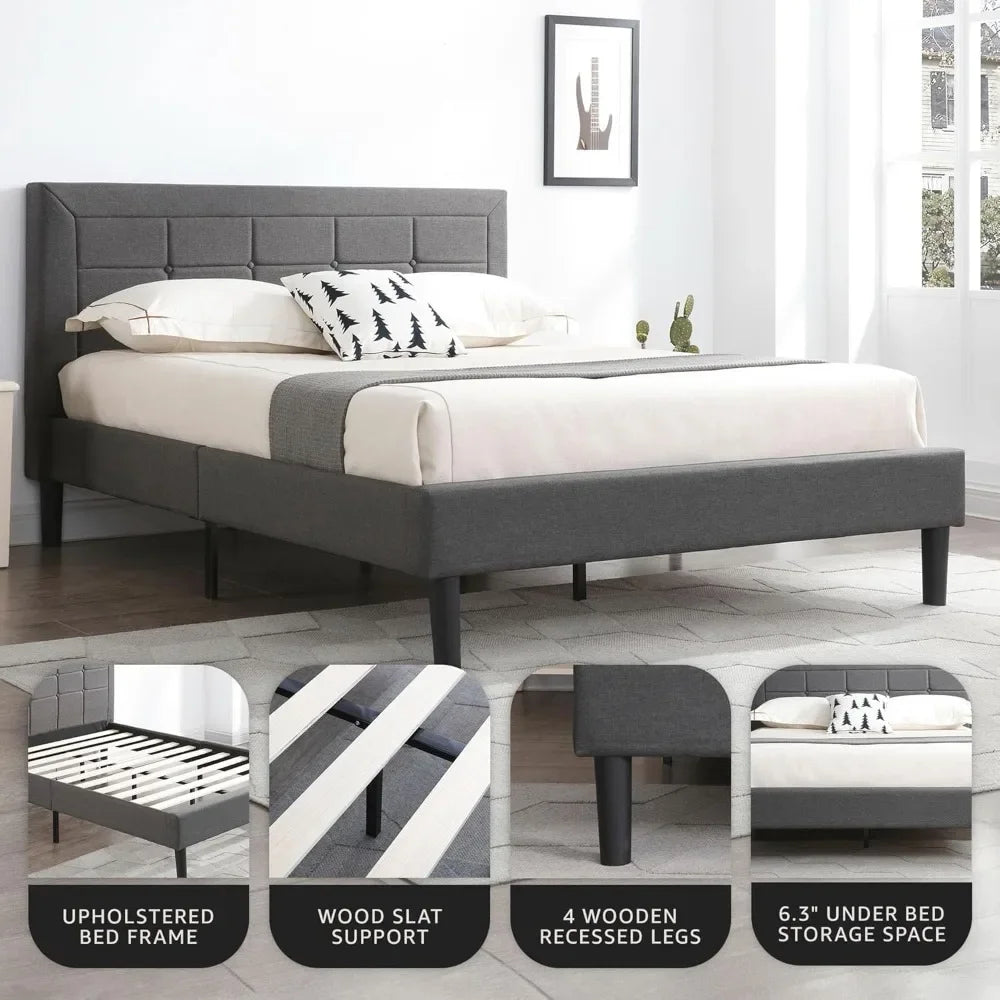 Dark Grey Full Size Upholstered Platform Bed with Button-Tufted Headboard, , Metal Frame & Wood Slat Support
