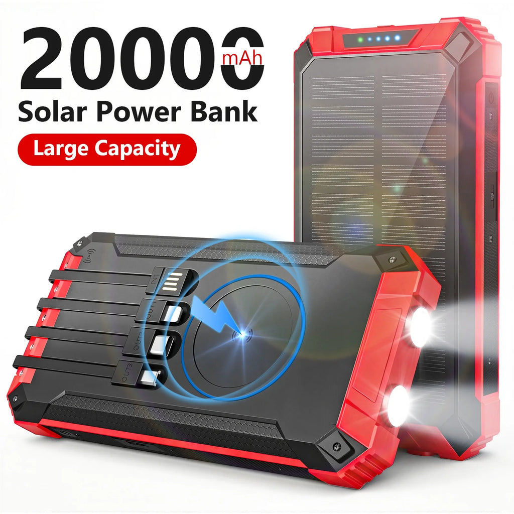 20000mAh Portable Solar Power Bank Wireless Charging 18W Dual LED Lights 4 Built-in Charging for iPhone Android Phones AirPods