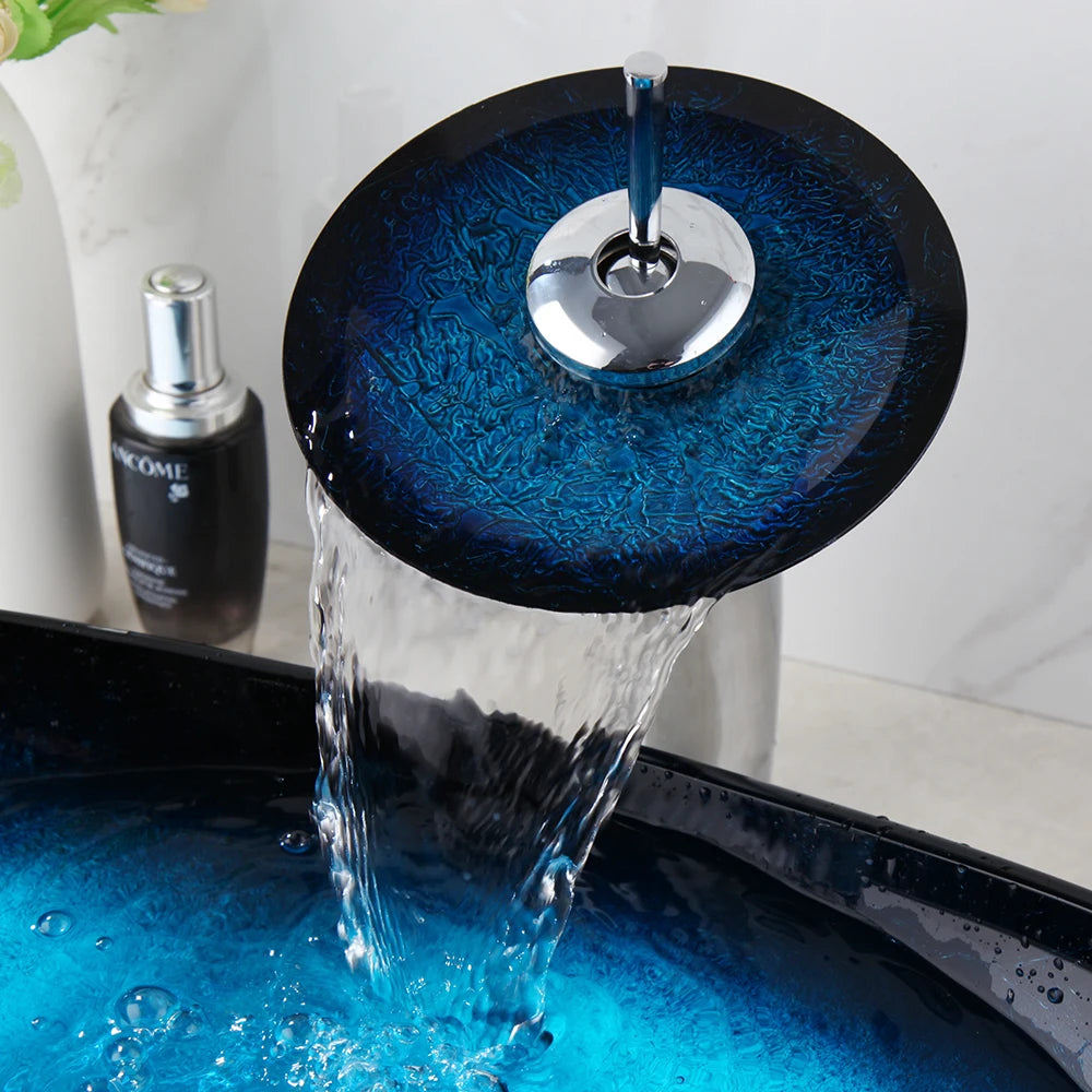 KEMAIDI Tempered Glass Countertop Washbasin Bowl Faucet Set
