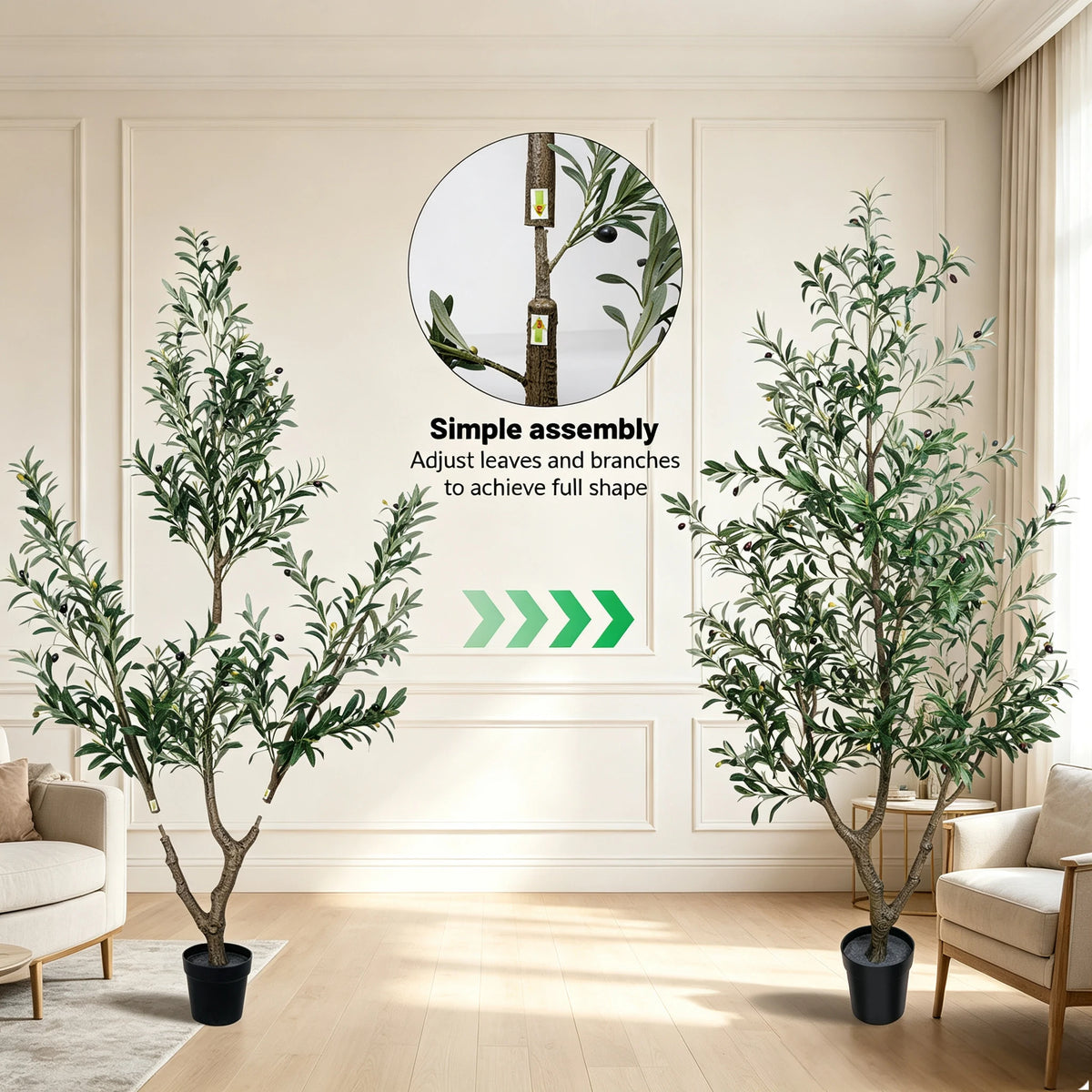 1.5/1.8/2.1m Artificial Olive Tree with Black Pot, Outdoor Indoor Artificial Plant with Natural Wood Trunk and Lifelike Fruits