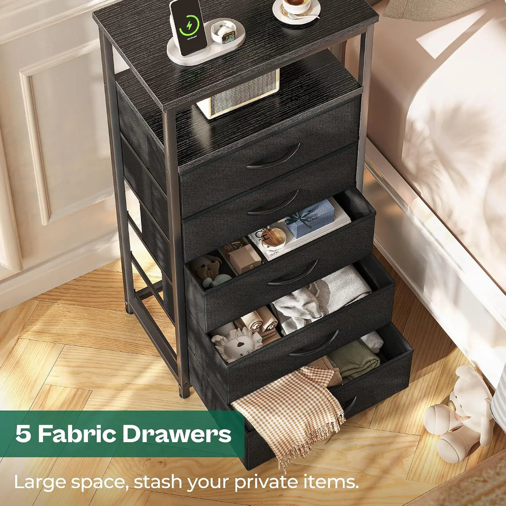 Huuger 5 Drawers Dresser with Charging Station, Chest of Drawers with Open Shelf,