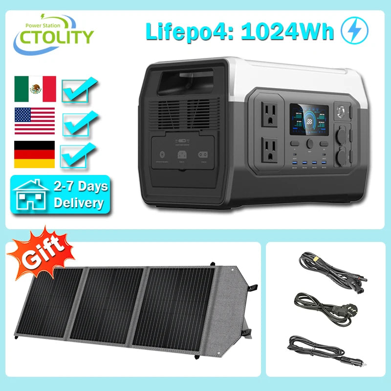 CTOLITY Camping Power Station 1800W Portable  Solar Generator 1024Wh Lifepo4 AC Output EVA 100W Solar Panels USB TYPE-C Port