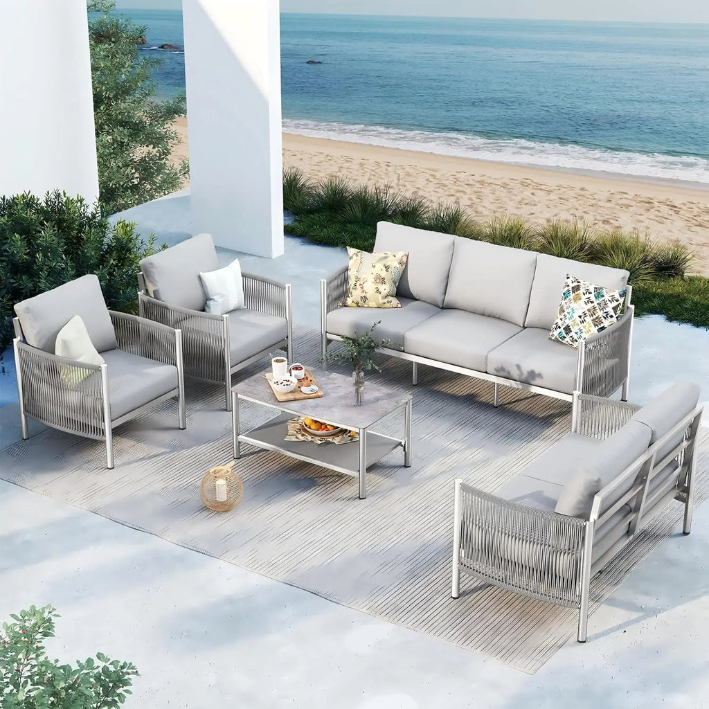 5 Piece Aluminum Outdoor Patio Furniture Set with Dual-Layer Coffee Table,