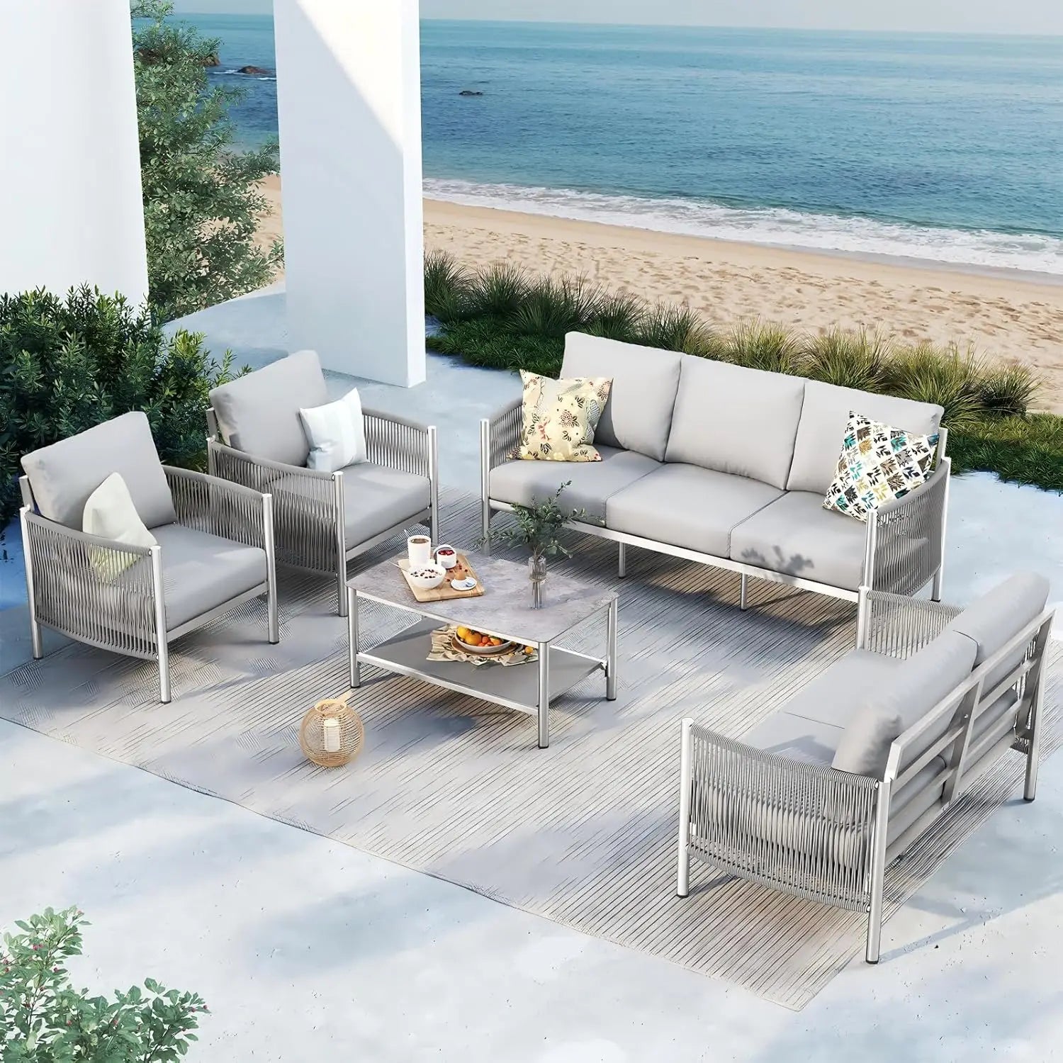5 Piece Aluminum Outdoor Patio Furniture Set with Dual-Layer Coffee Table,
