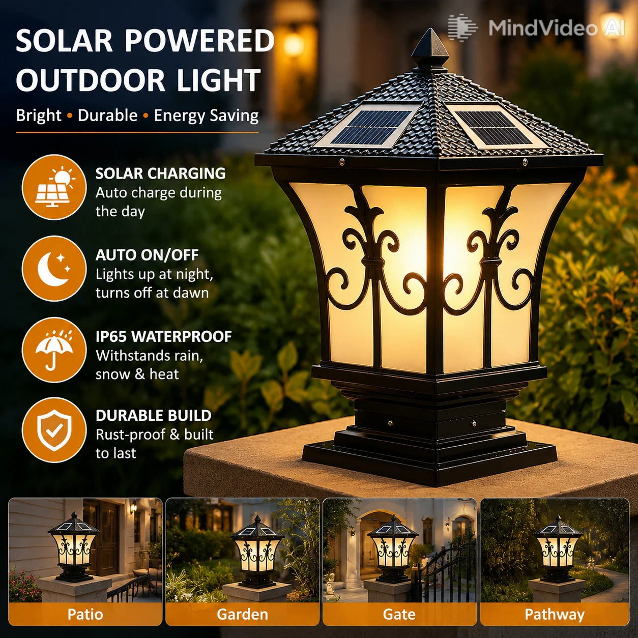 Round Solar Pillar Post Light Waterproof Outdoor LED Gate Lamp 3 Color Dimmable for Garden Patio Yard Decor