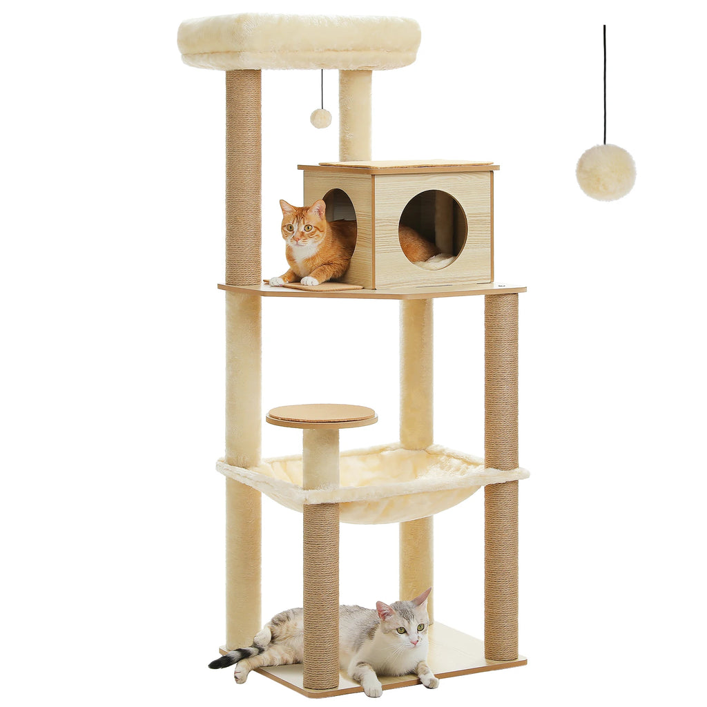 Wood Cat Tree with Sisal Scratching Posts, Large Hammock, Cozy Condo Bed, Multi-Level Cat Tower
