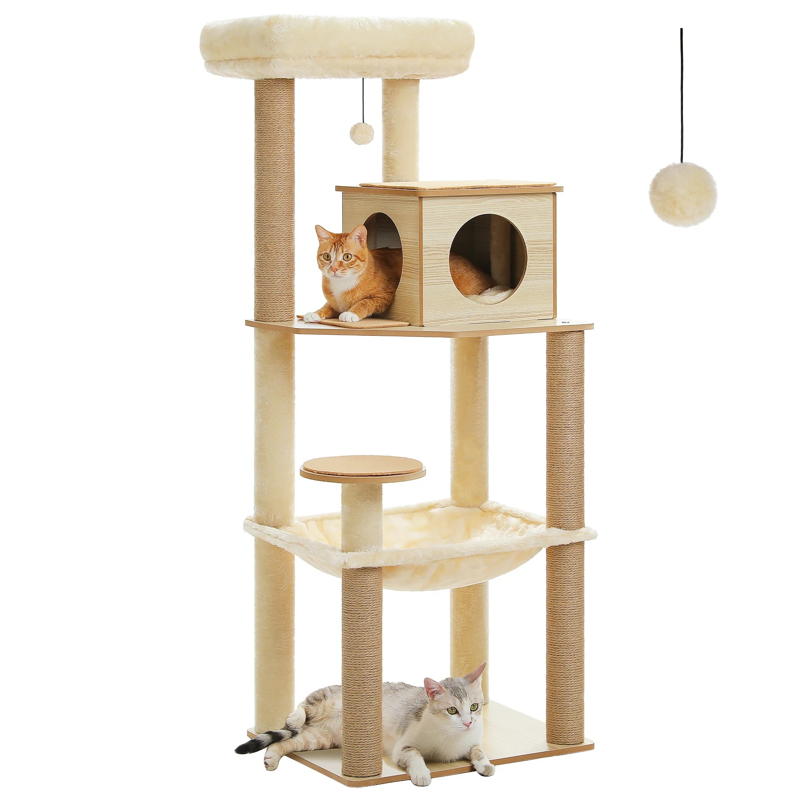 Wood Cat Tree with Sisal Scratching Posts, Large Hammock, Cozy Condo Bed, Multi-Level Cat Tower