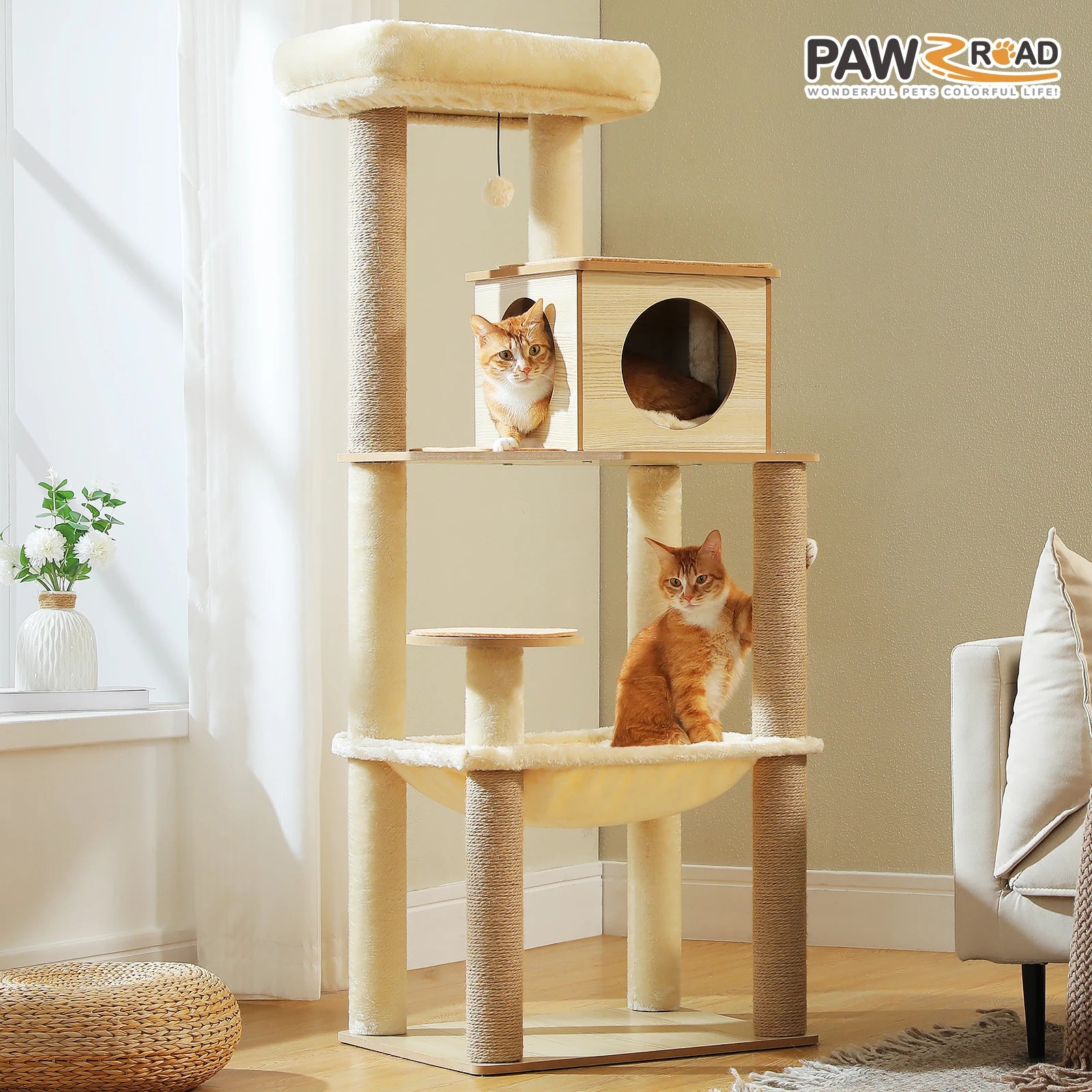 Wood Cat Tree with Sisal Scratching Posts, Large Hammock, Cozy Condo Bed, Multi-Level Cat Tower