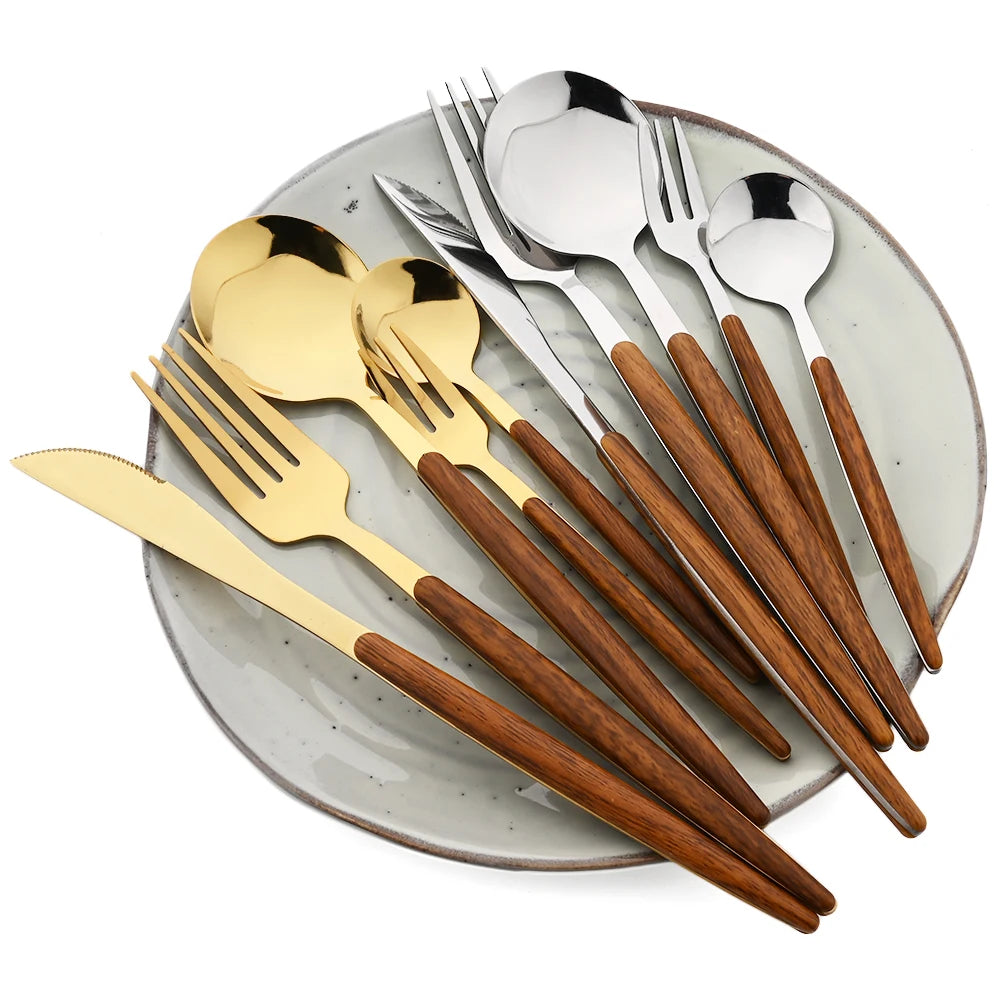 6/30Pcs Imitation Wooden Handle Cutlery Set Knife Cake Fork Coffee Spoons Tableware Stainless Steel Dinnerware Western Flatware
