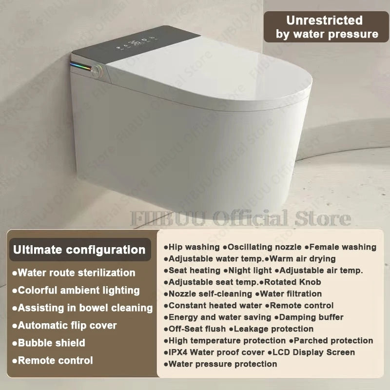 Wall Mounted Intelligent Toilet Bidet Smart Toilet for Bathroom Tankless Auto Open/Close Heated Seat Electric Elongated WallHung