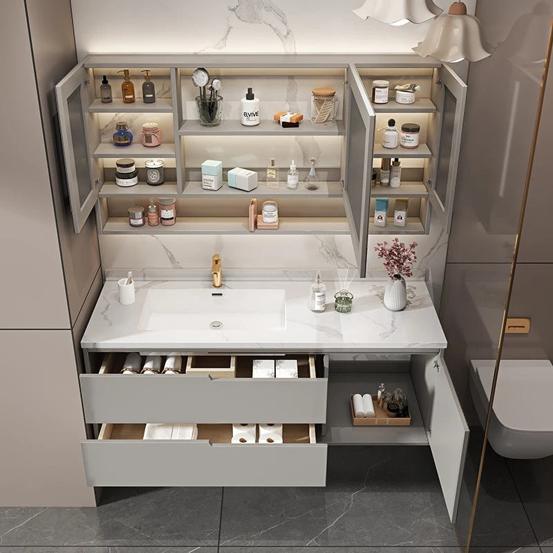 Basin With Wooden Cabine Bathroom Cabinet Vanity With Sink Furniture Combination Oak Smart Mirror Lacquered Seamless Integrated