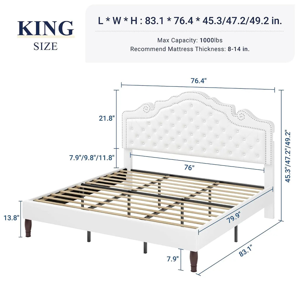 Velvet King Platform Bed Frame Adjustable Headboard, Wood Slat Support