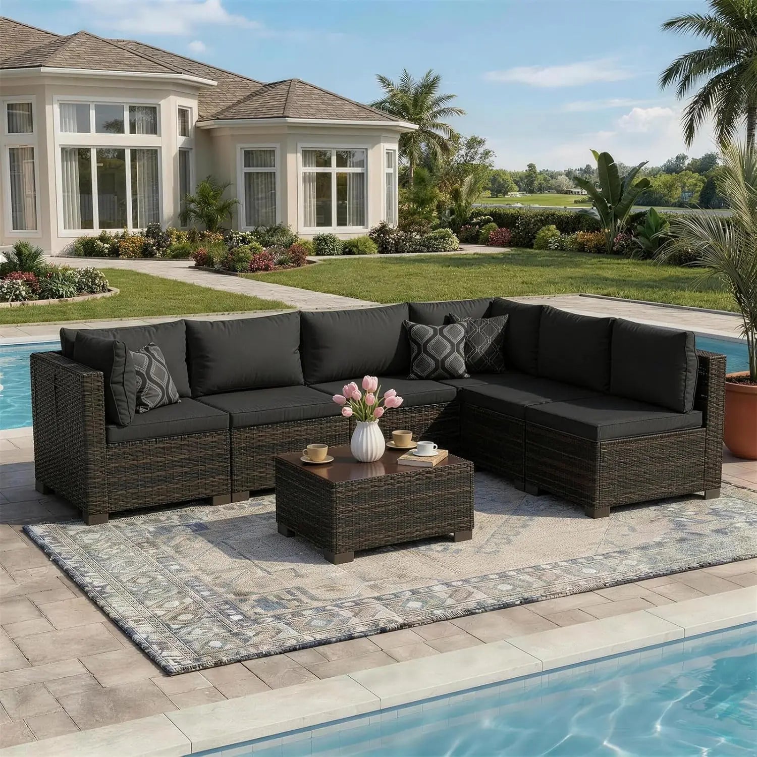7 Pieces Rattan Wicker Sectional Sofa Set, with Tea Table