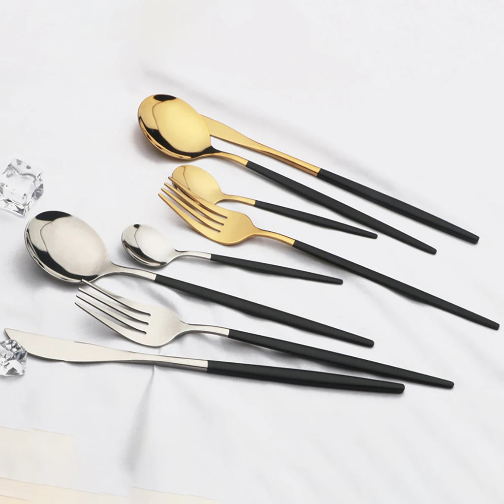 12pcs Black Gold Dinnerware Set Stainless Steel Tableware Knife Fork Coffee Spoon Teaspoons Cutlery Set Party Kitchen Flatware