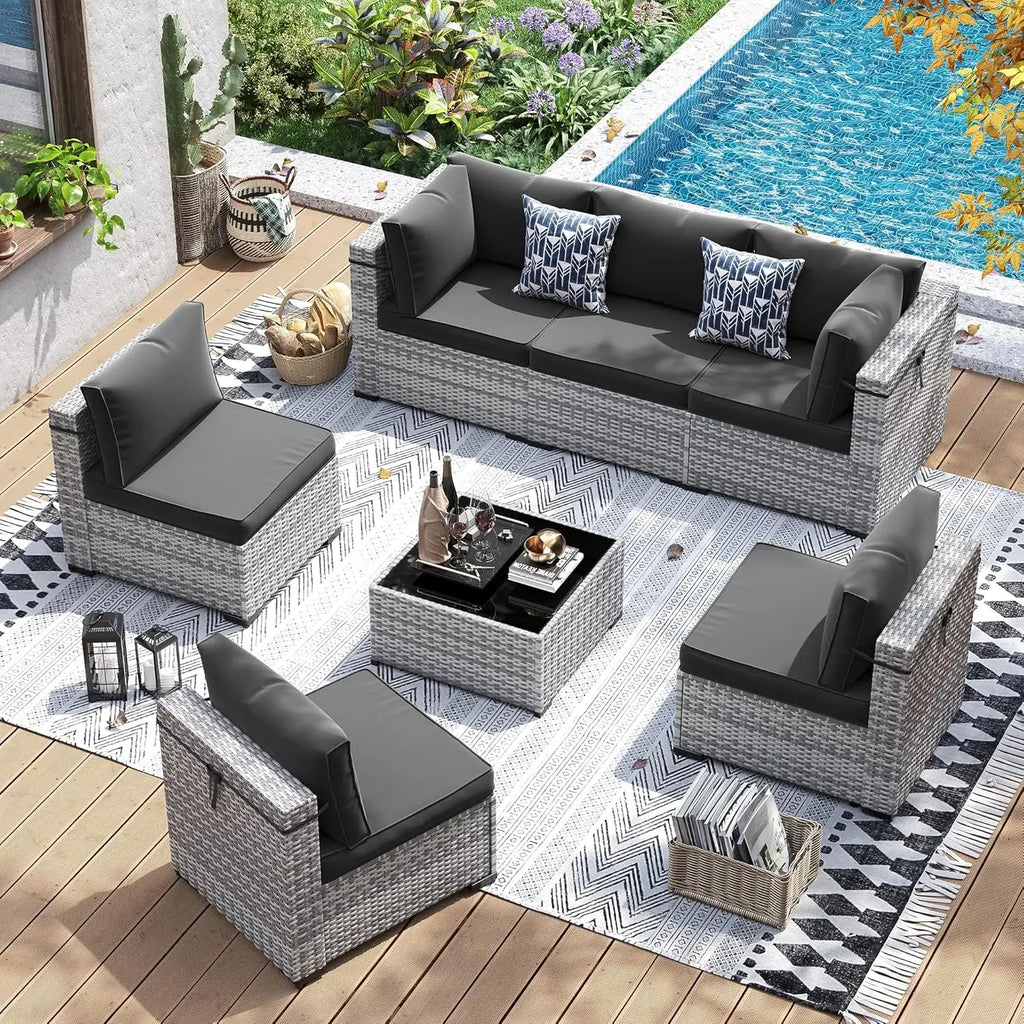 Patio Furniture Set, 7 Pieces PE Wicker Sectional Sofa with Tea Table, Outdoor Conversation Set