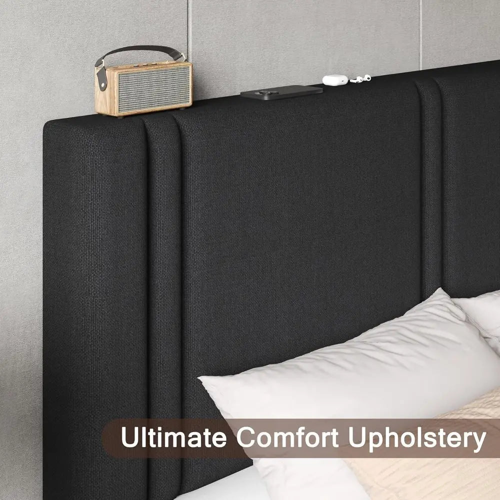 Einhomn Upholstered full Size Bed with Linen fabric board, Strong Wooden Slats Support, No Box Spring Needed, Black