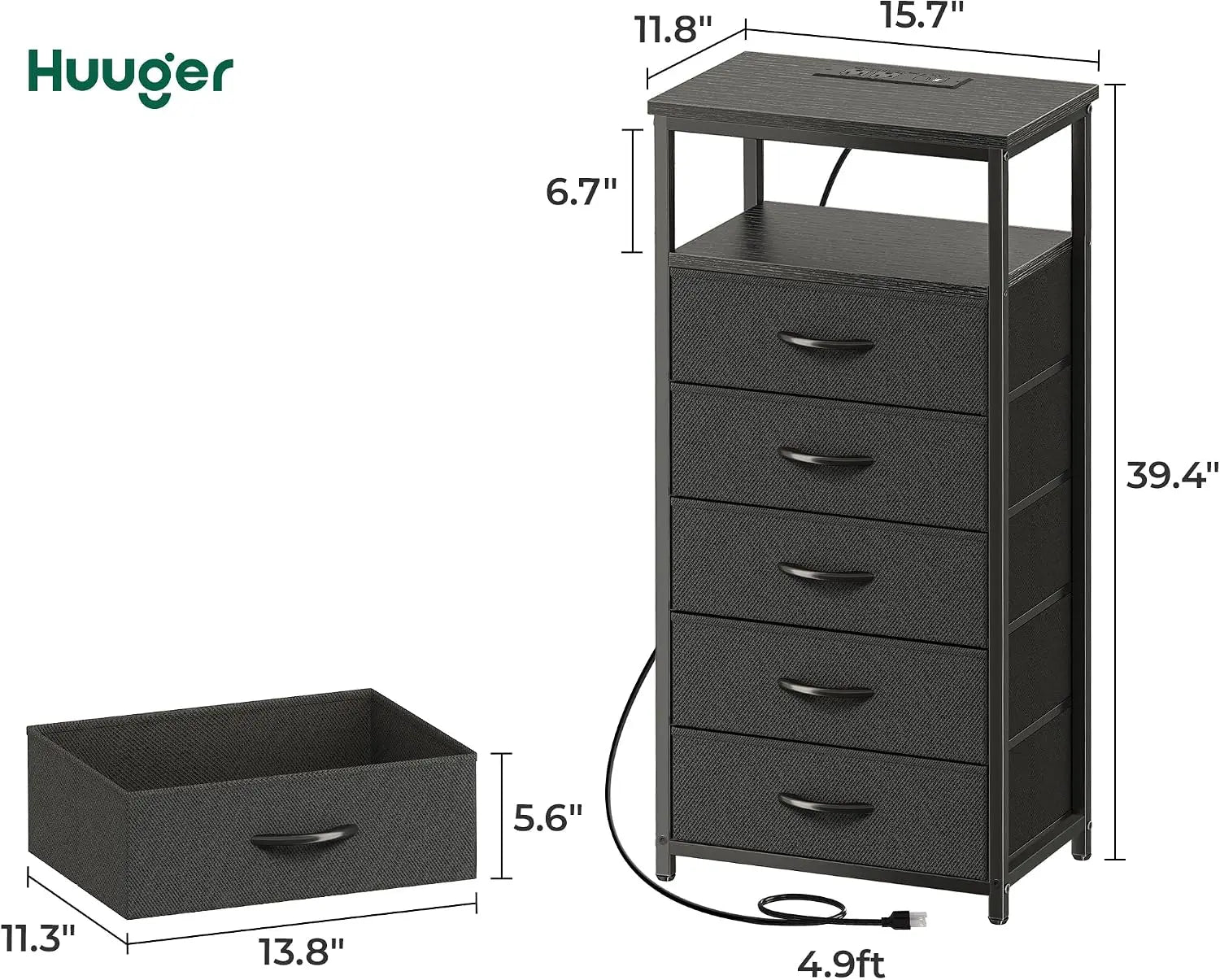 Huuger 5 Drawers Dresser with Charging Station, Chest of Drawers with Open Shelf,
