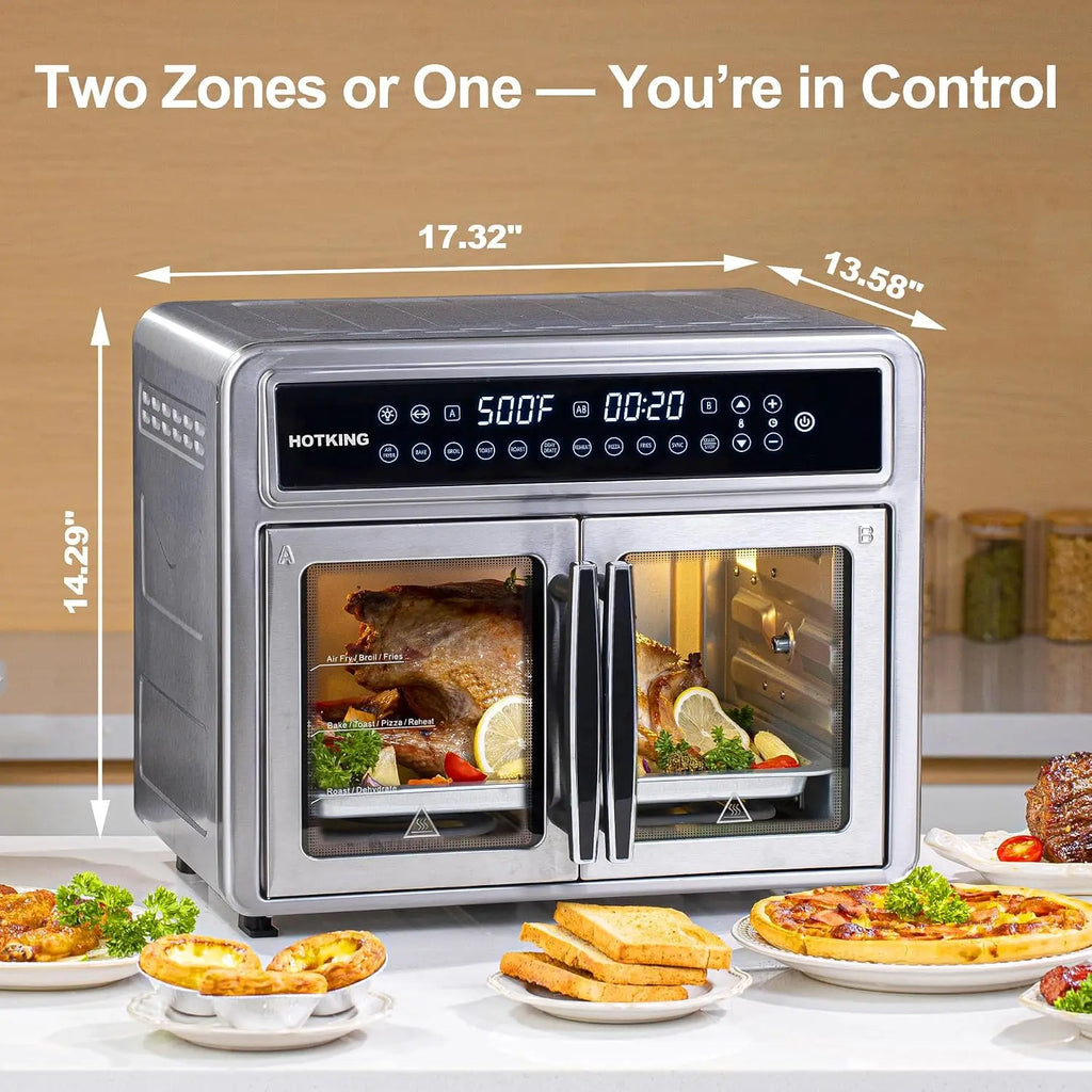 Dual-Zone Air Fryer Toaster Oven Combo, 28 QT Extra Large, Non Toxic Stainless Steel Convection Oven with French Door
