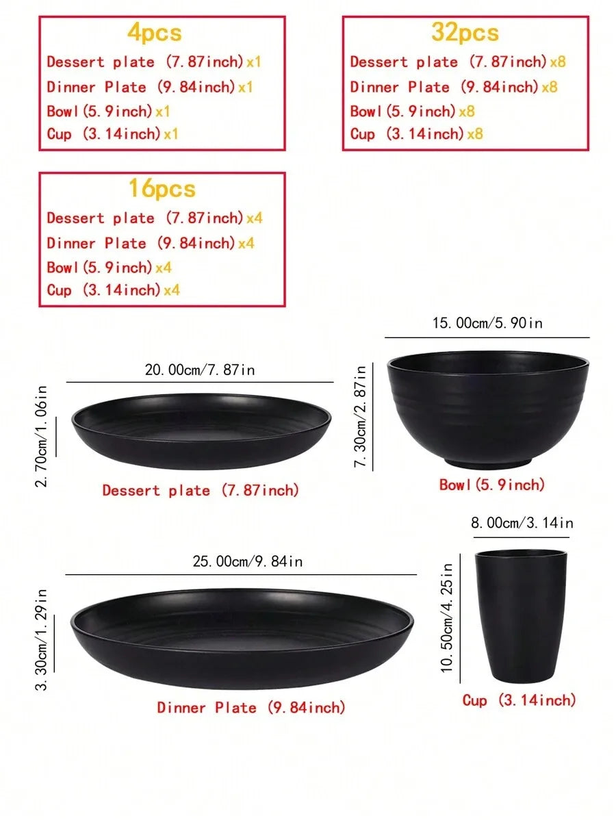 4/16/24pcs Reusable plastic tableware set, including plates, bowls and cups.