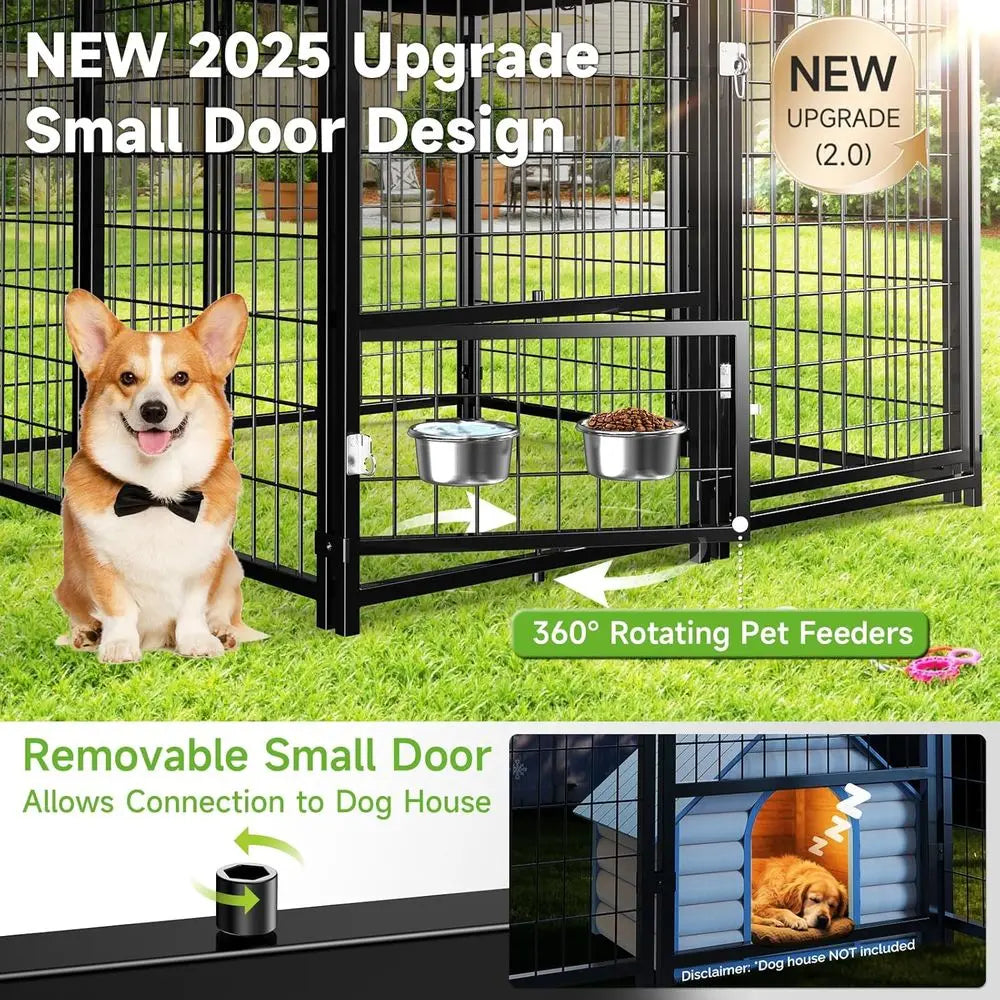 Outdoor Dog Kennel with Roof & Swivel Feeders and Removable Dog Door, Dog Enclosure Run for Medium Large Dogs (5'L x 5'W x 5'H)