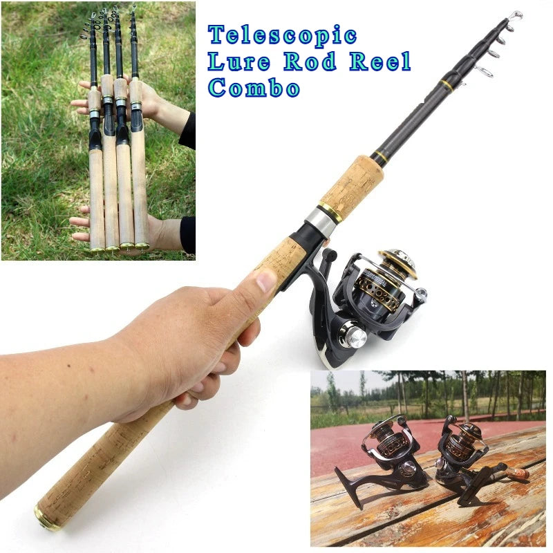 Telescopic Lure Rod with Long Wooden Handle & Spinning Reel Combo,