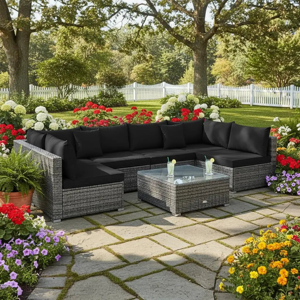 7 Pieces Wicker Patio Furniture Set, All-Weather Outdoor Rattan Sectional Sofa Set with Cushions & Tempered Glass,