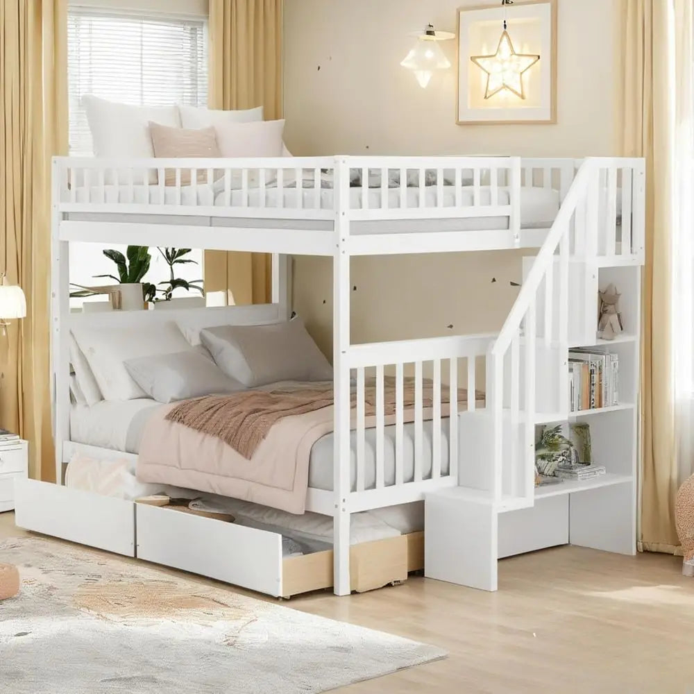 White Wooden Full- size Bunk Beds with Desks, Stairs, and Storage